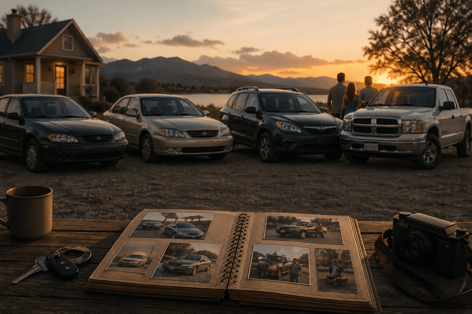 open photo album on table outside, with cars parked lined up in background