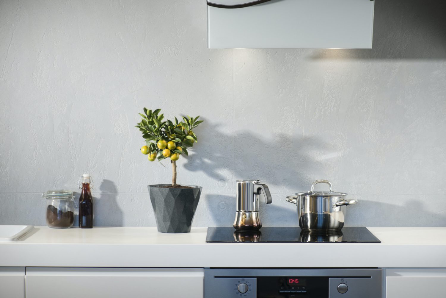 side of kitchen with plant, pan and coffee jug