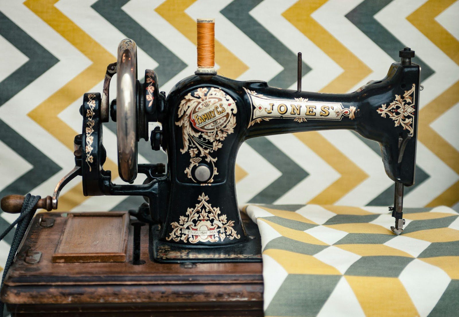 black patterned old fashioned Jones sewing machine