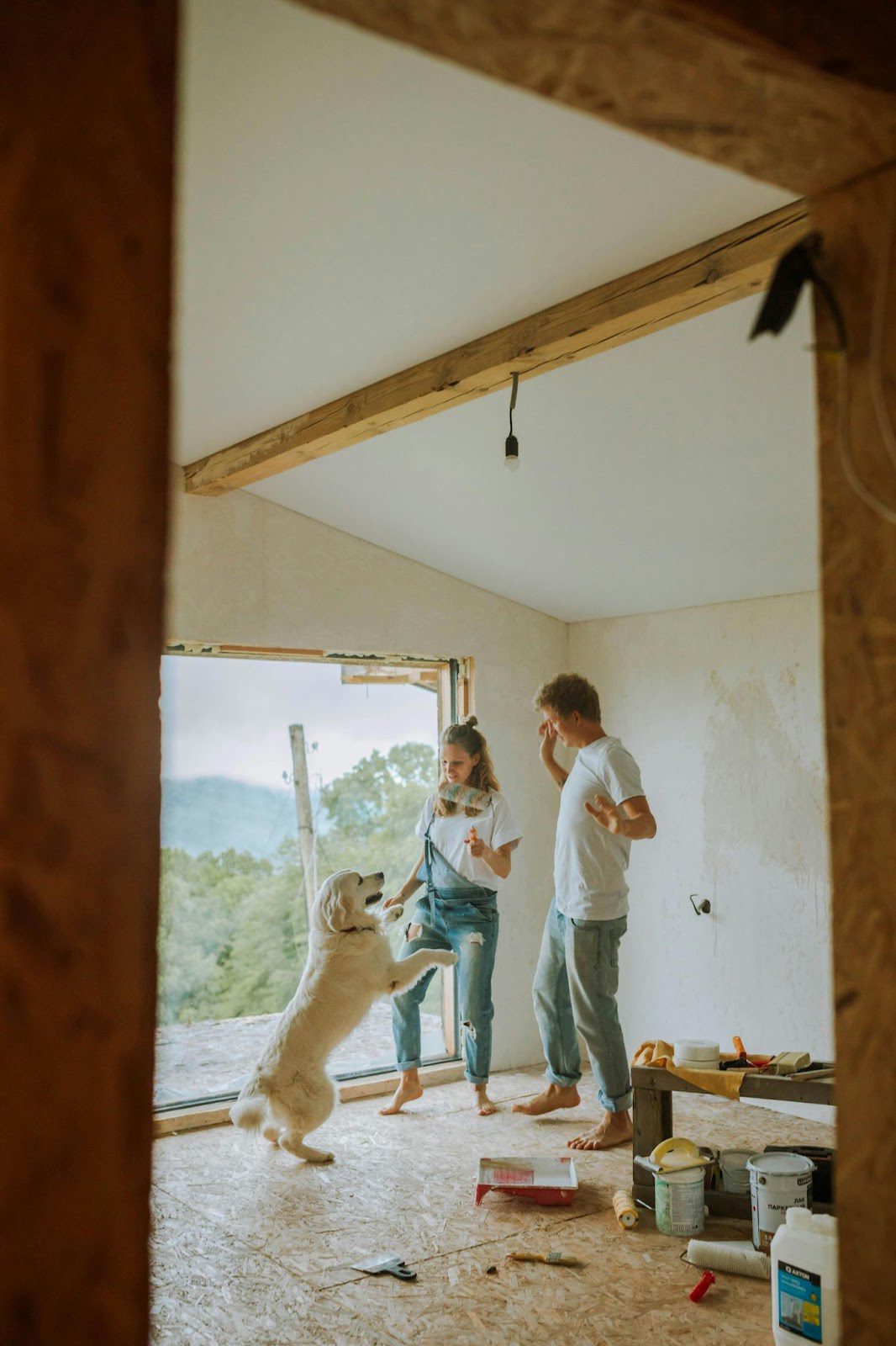 woman and a man with a dog inside a house that they are painting
