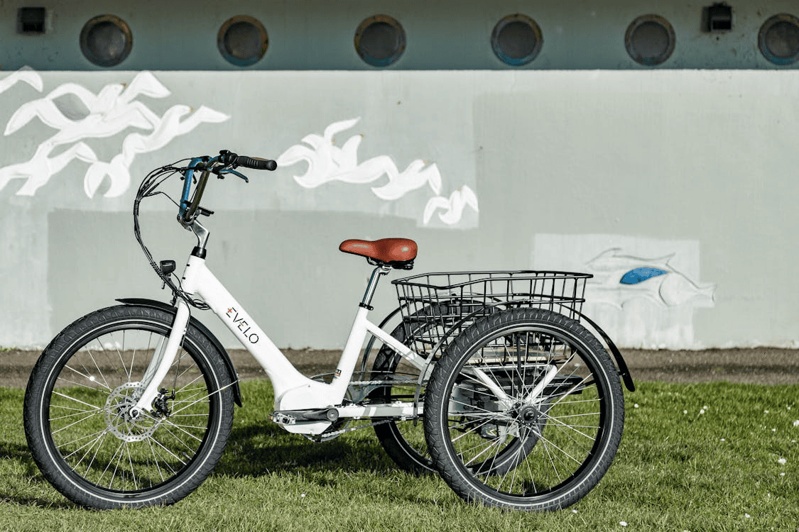 white 3-wheeled electric bike stood on grass