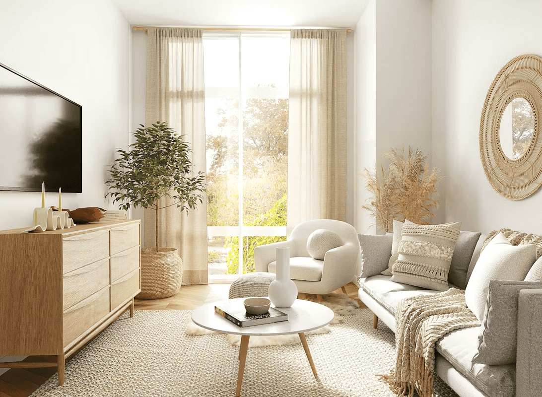 light, bright living room with open french doors