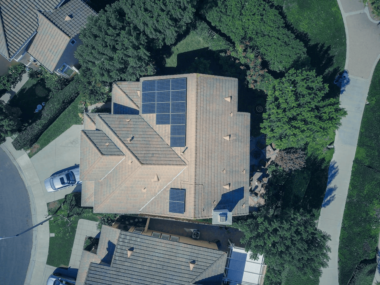 house from above with solar panels on roof