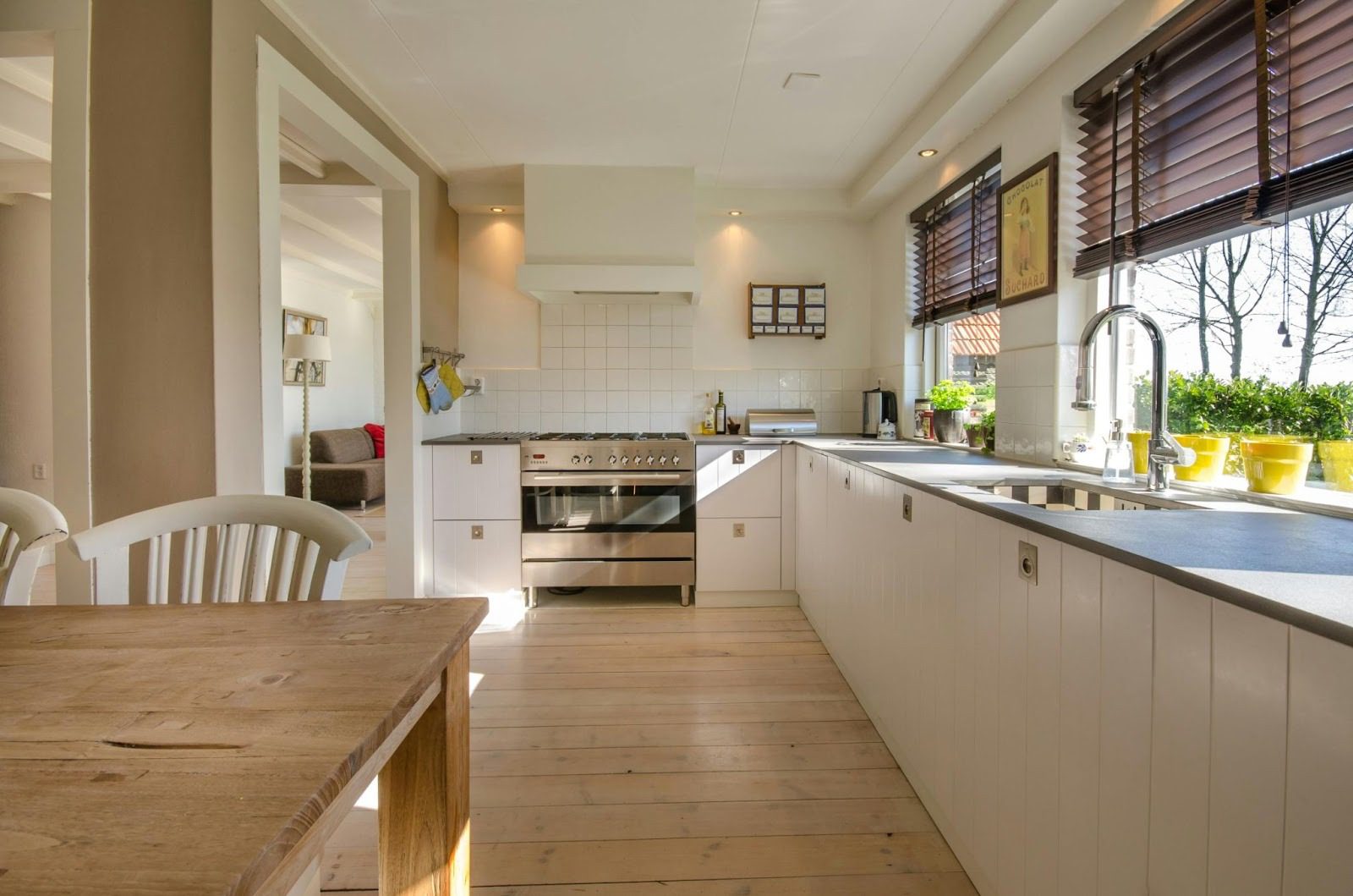 long kitchen with dining table