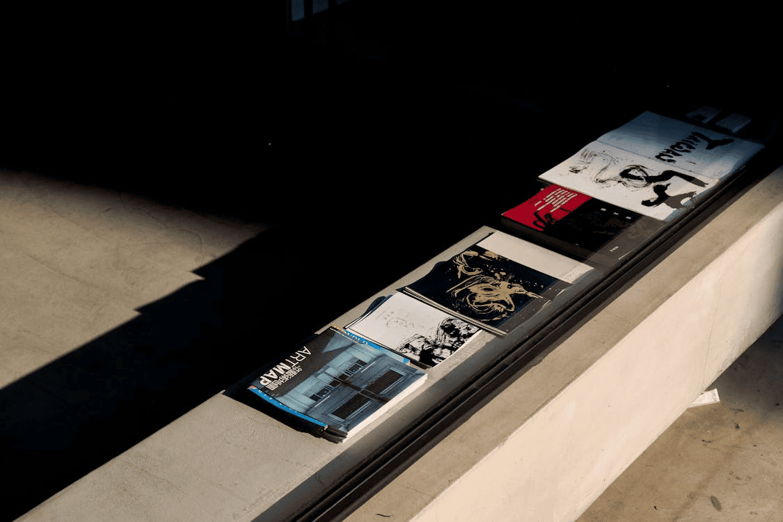 row of magazines on unit