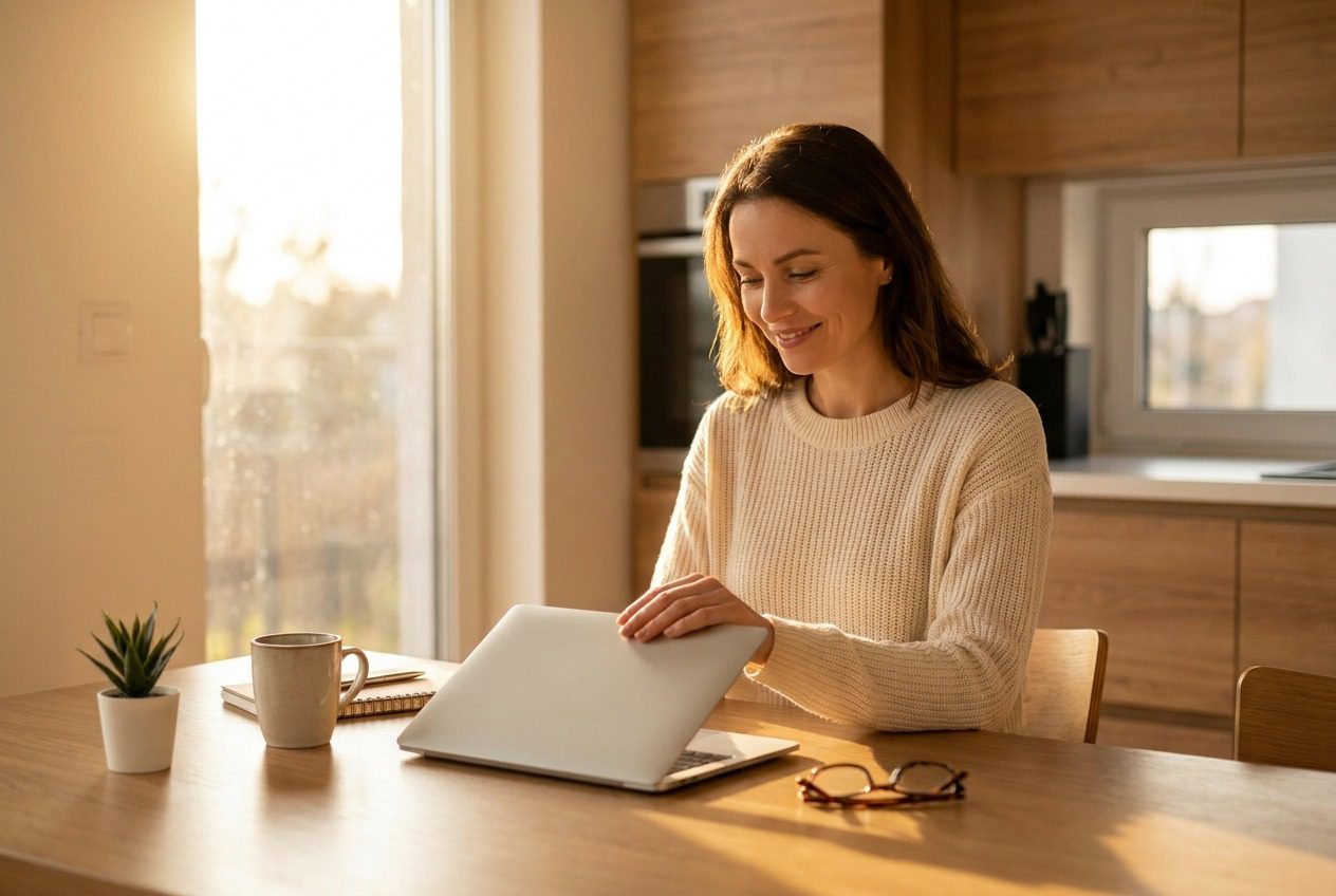 Woman closing laptop with a smile in cosy kitchen