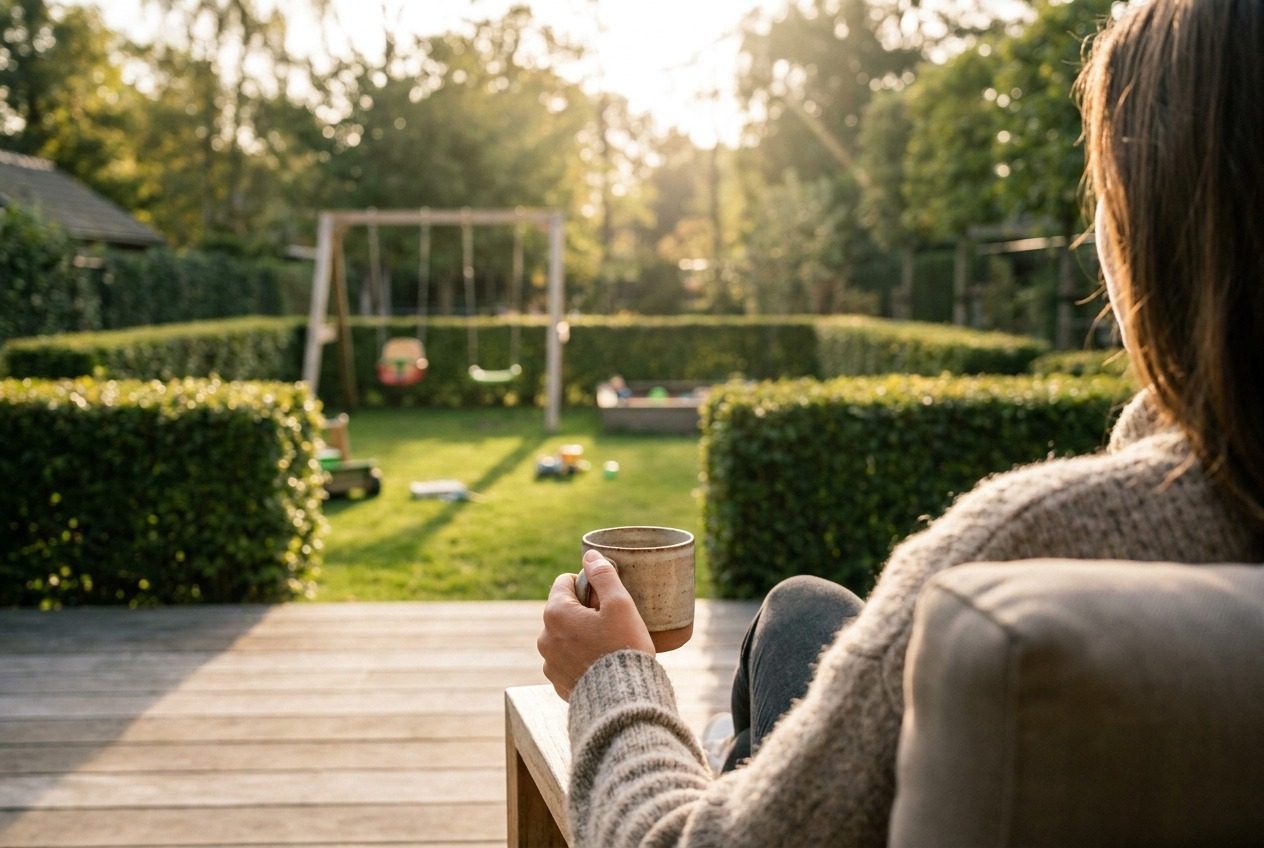 Person enjoys quiet morning in sunlit backyard with coffee