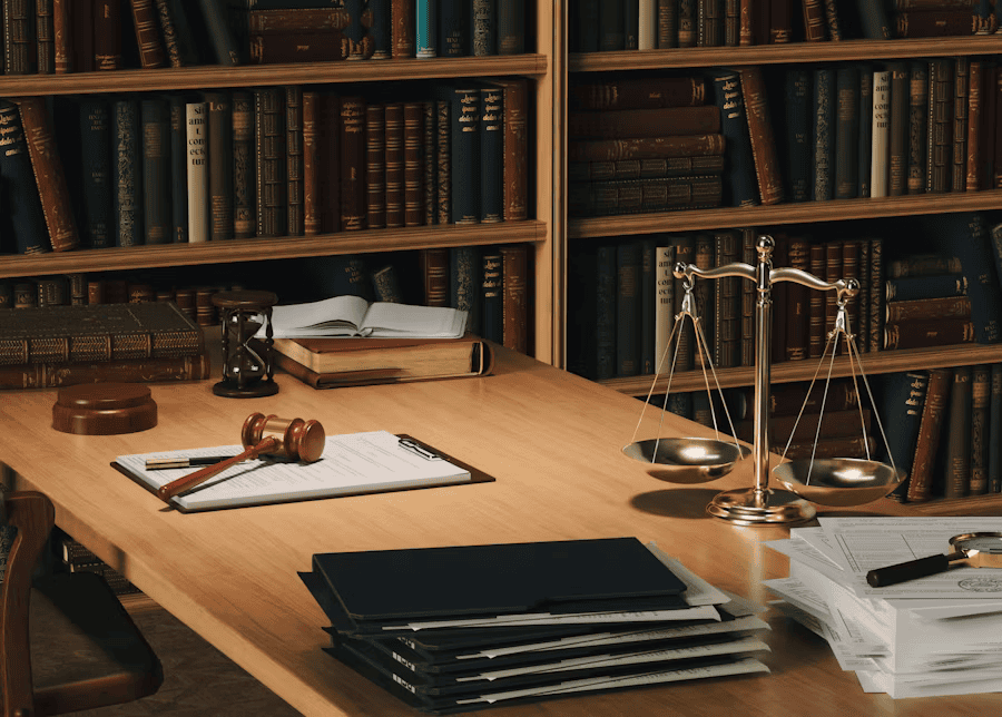 an office with a bookcase full of books, and gold scales on the desk
