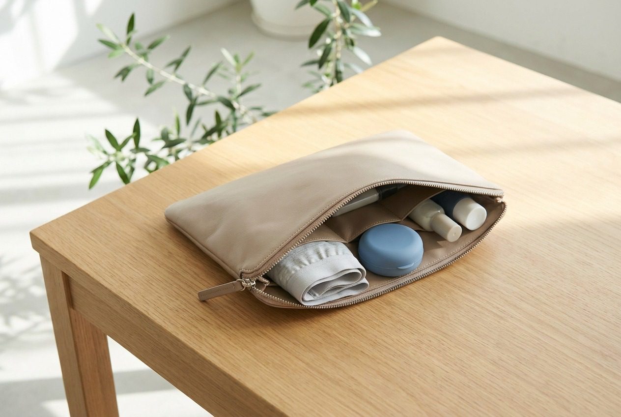 Open beige pouch with toiletries on wooden table