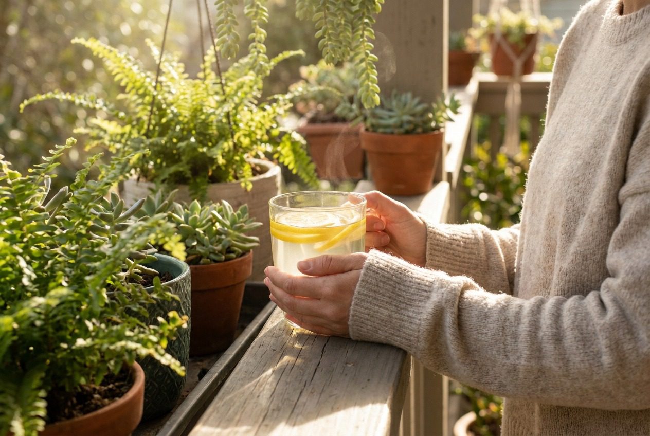 Person enjoying warm lemon drink on patio with plants