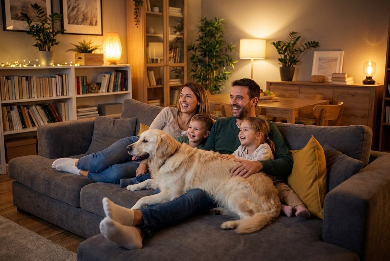 Family of four and a golden retriever relaxing on a durable sectional sofa