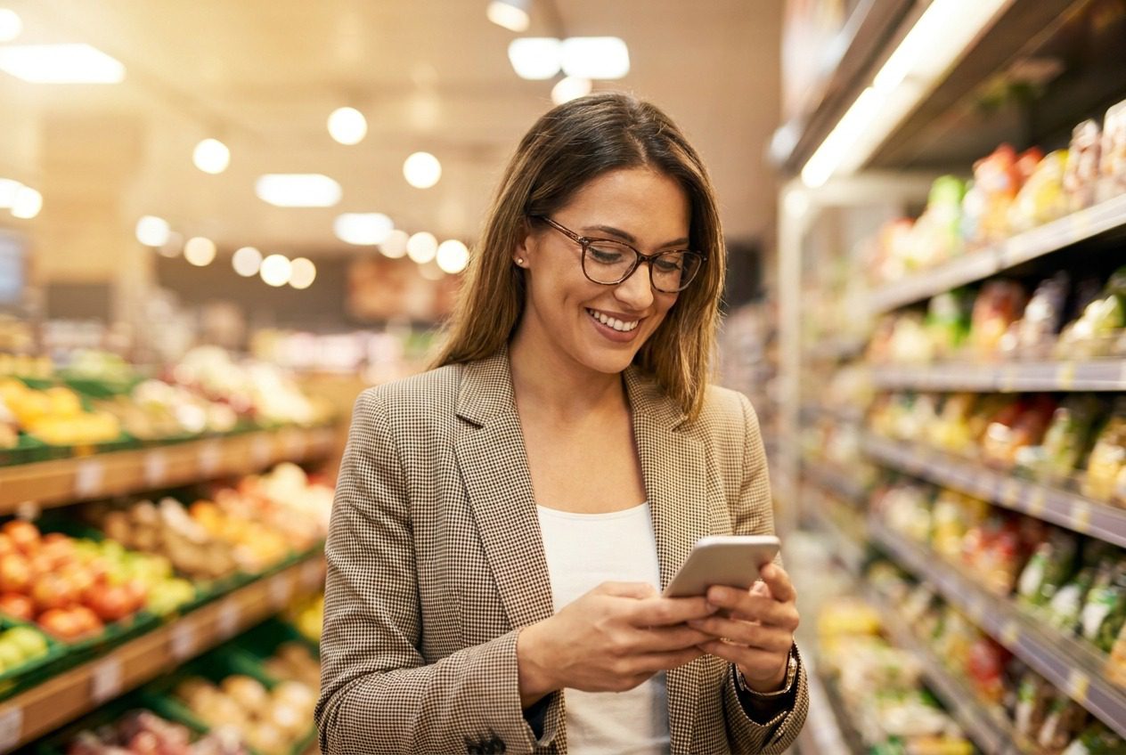 woman smiling and texting on a smartphone in a supermarket aisle