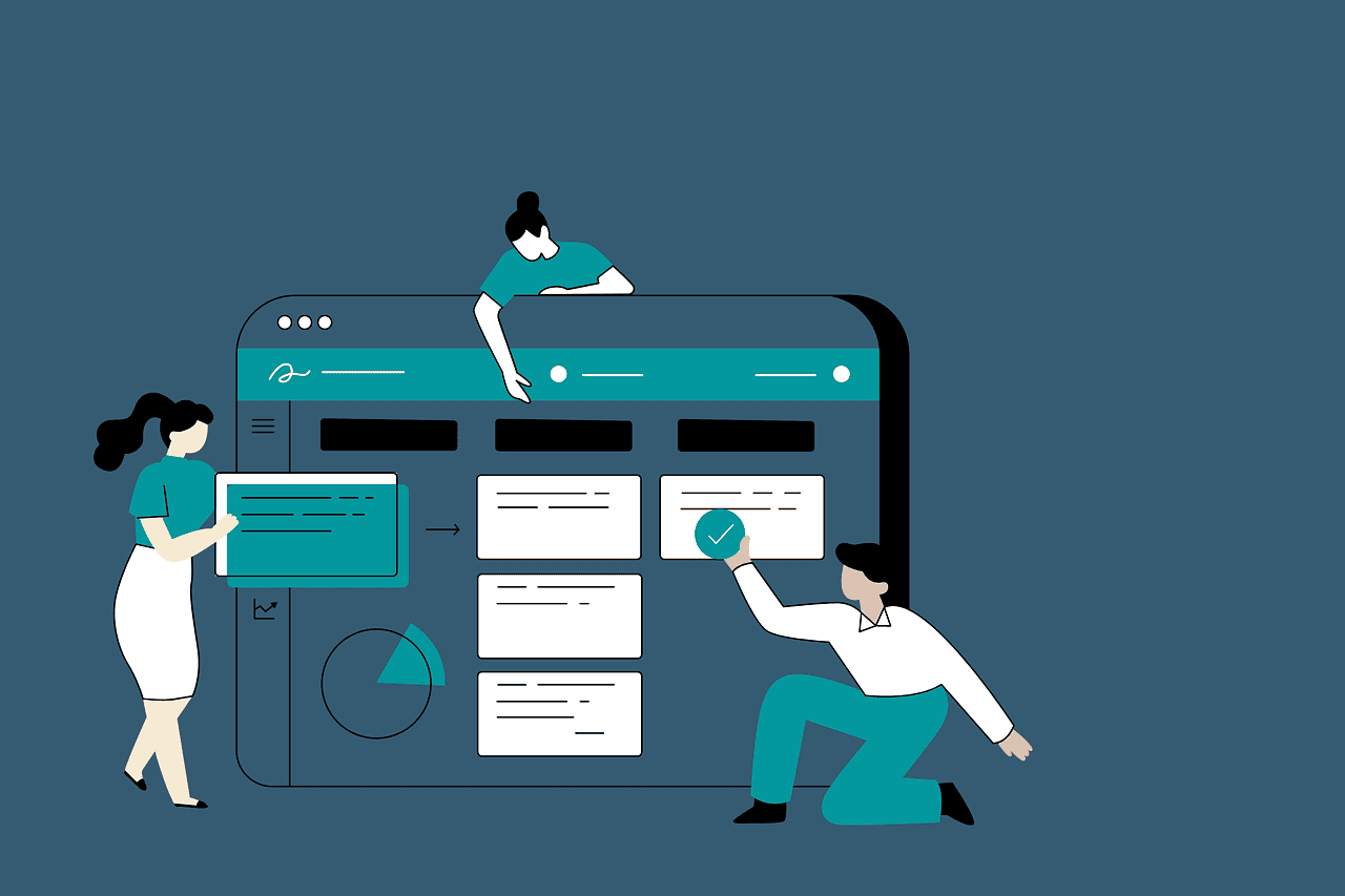 cartoon illustration of people around a large laptop