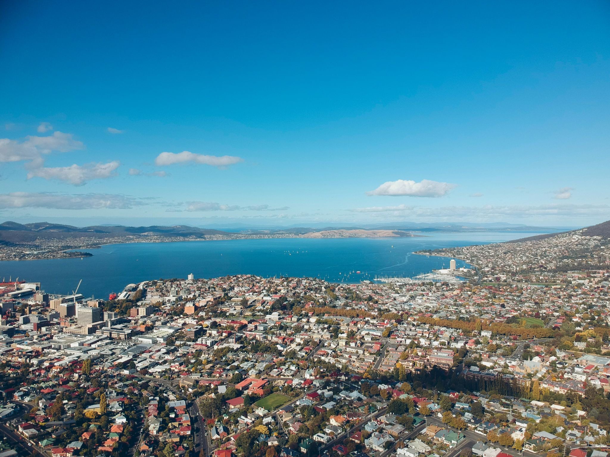 Drone view of Hobart from above with a city and water