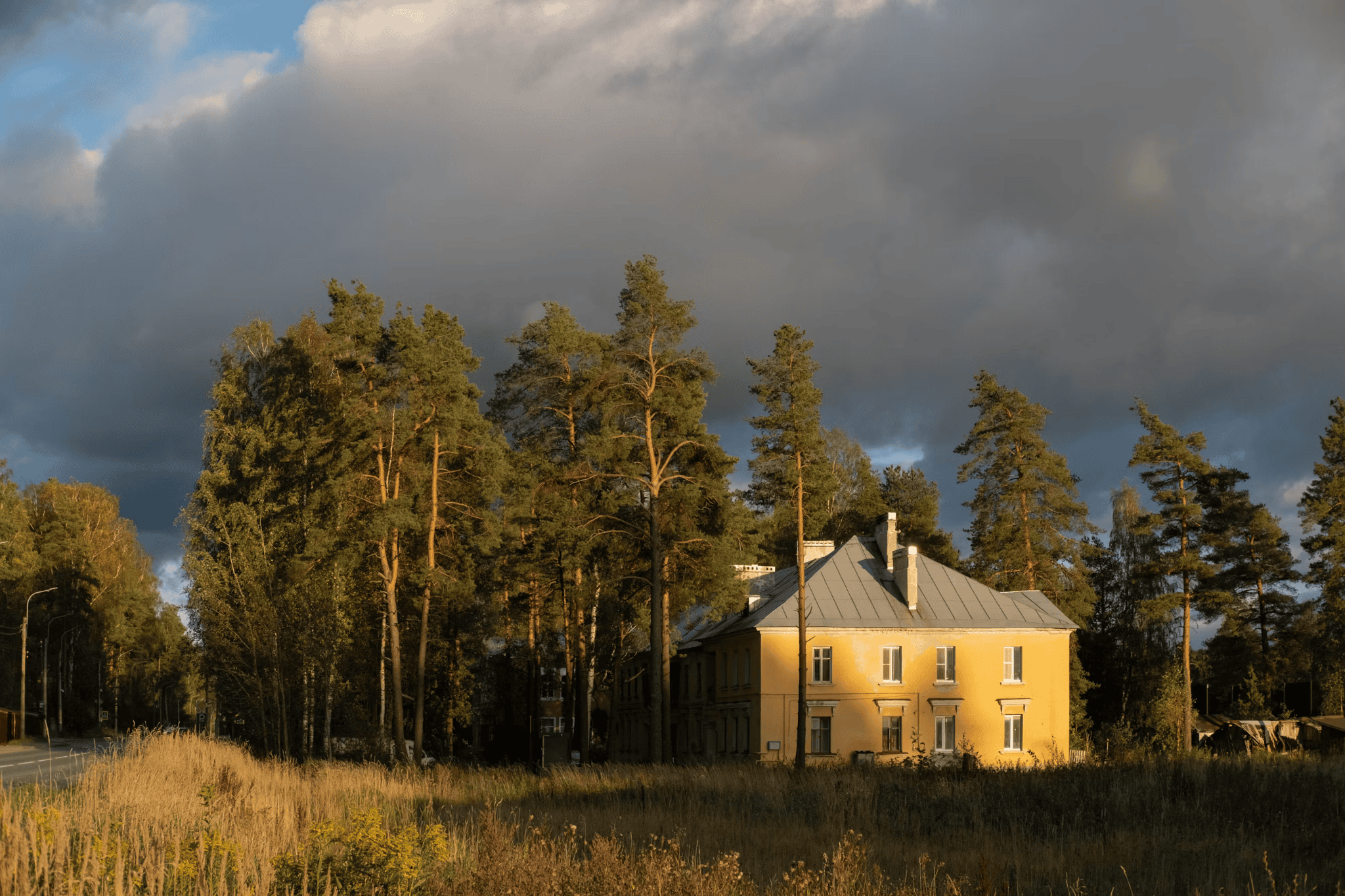 large house amongst trees with big grey storm cloud over it